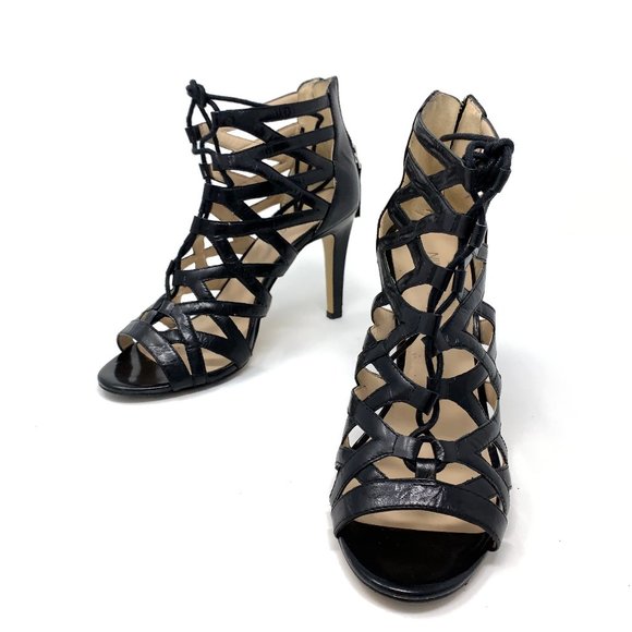 Nine West Leather Lace Up Caged Strap Heels Sz 7 - Picture 1 of 8